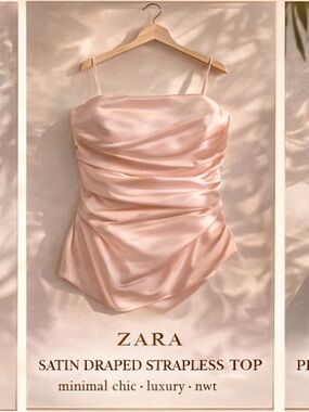 Zara Satin Draped Strapless Top Pink | Blogger Favorite Soft Glam NWT